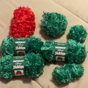 Bernat Holidays Boa (eyelash) yarn.  Green and Red.